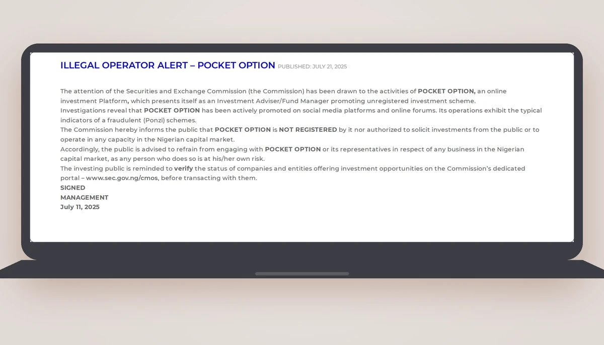 Screenshot of the Securities and Exchange Commission of Nigeria page warning the public about unlicensed firms, taken 2 October 2026.
